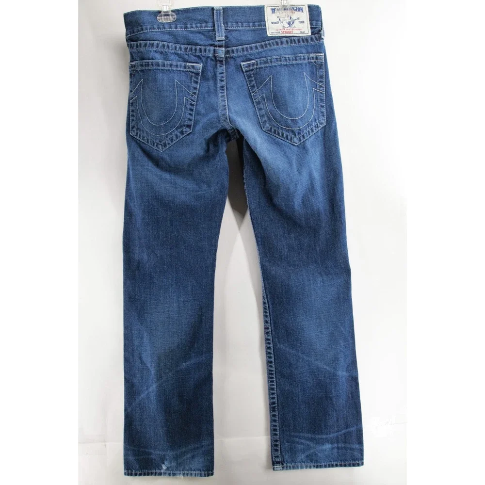 True Religion Straight Nat Jeans Men 33x34 MMD800TS Blue Thick Stitch Faded Wash